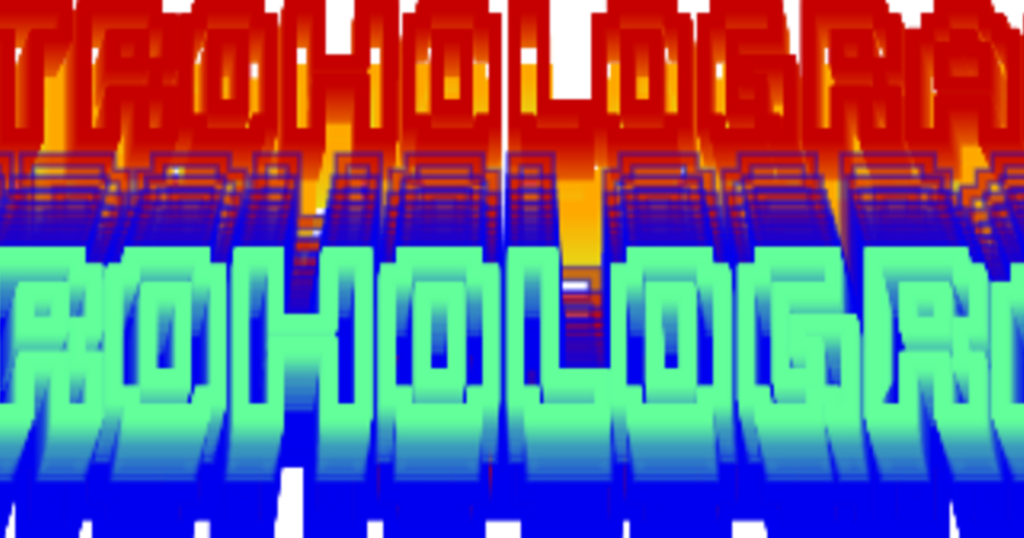 A chaotic font with sort of holographic effect with the name in red and teal type super embossed