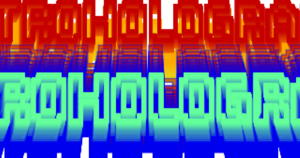 A chaotic font with sort of holographic effect with the name in red and teal type super embossed