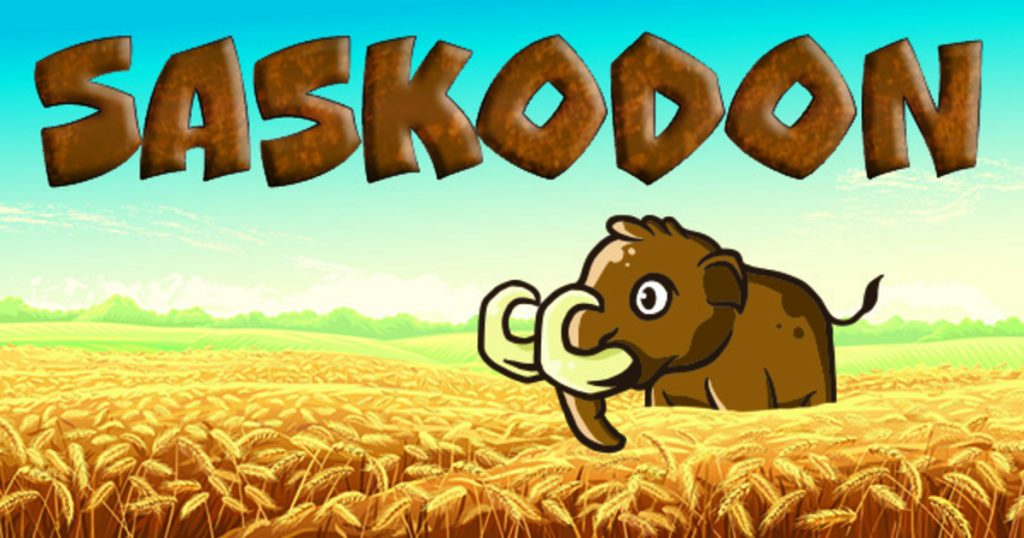 A stylized picture showing a cute brown mastodon hanging out in a wheat field under a turquoise big sky with the word saskodon in all caps in brown font that looks slightly prehistoric.